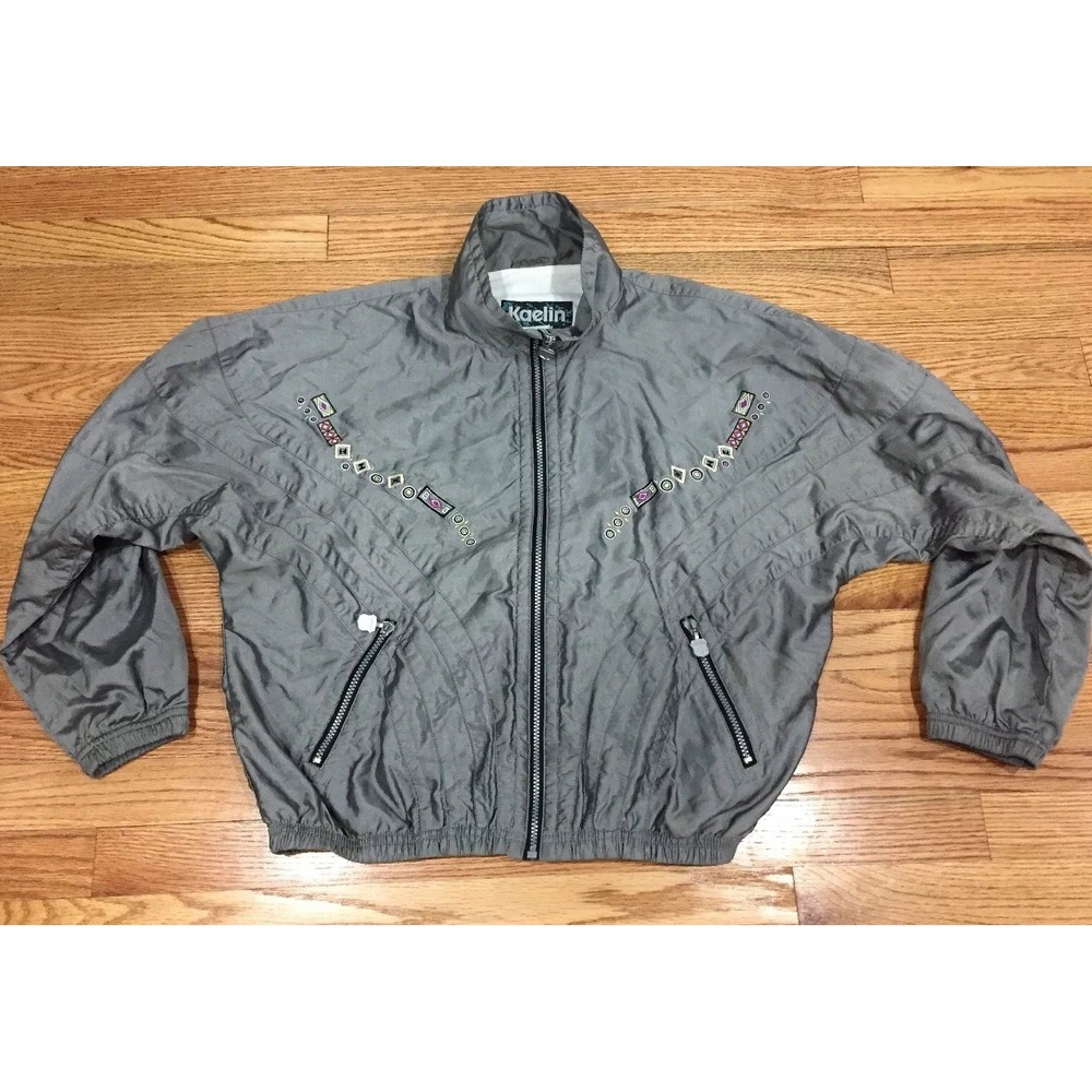 Women Vintage Windbreaker Kaelin Jacket Silver Embroidered Lightweight Mom 80's